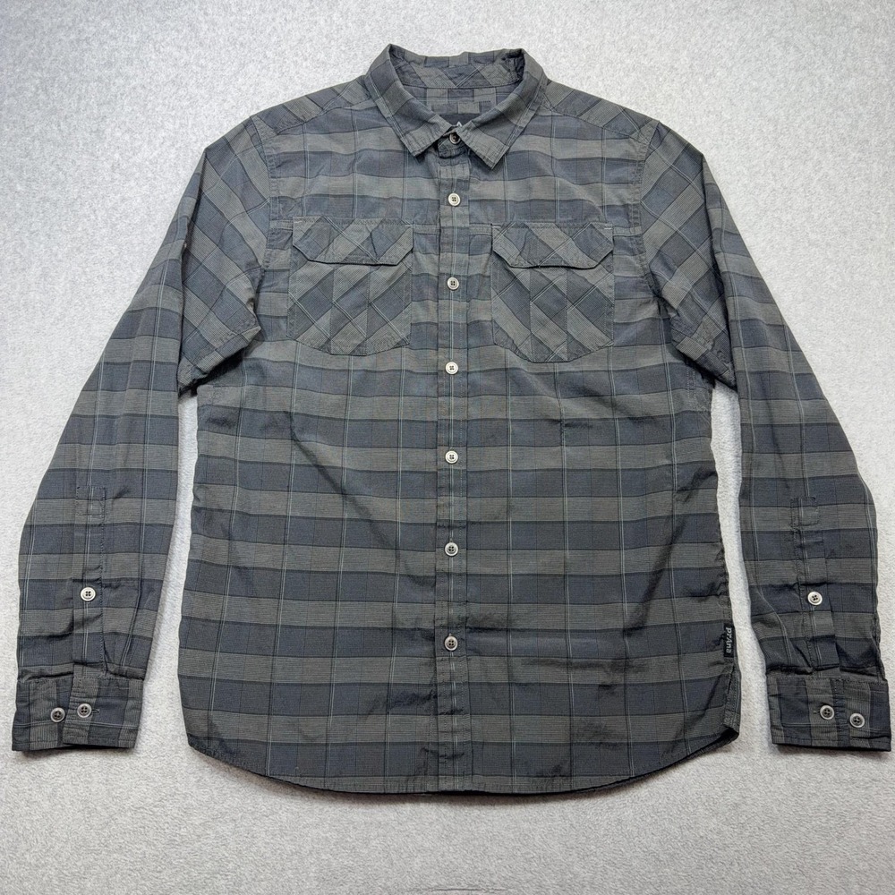 PrAna Terrain Shirt Mens Medium Gray Plaid Long Sleeve Button Outdoor Organic